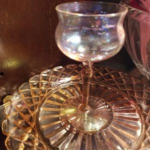 COPY Vtg pink crystal long stem glass & Mid-century NEWOLDSTOCK